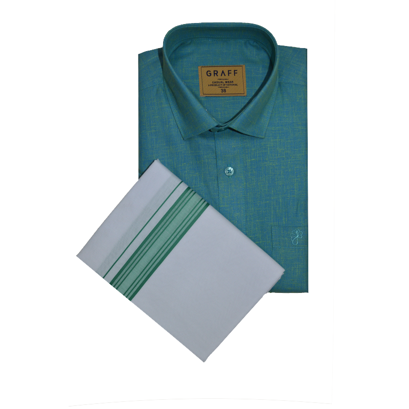 Mens Cotton Rich Half Sleeve Shirt and Dhoti Combo - MAJESTIC Teal blue - MJH12