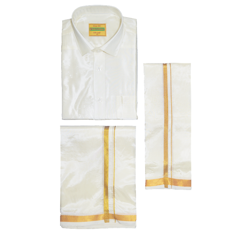 National Handlooms Men's Art Silk Shirt,Dhoti And Towel Combo - SILK CRAFT - NHSC_01